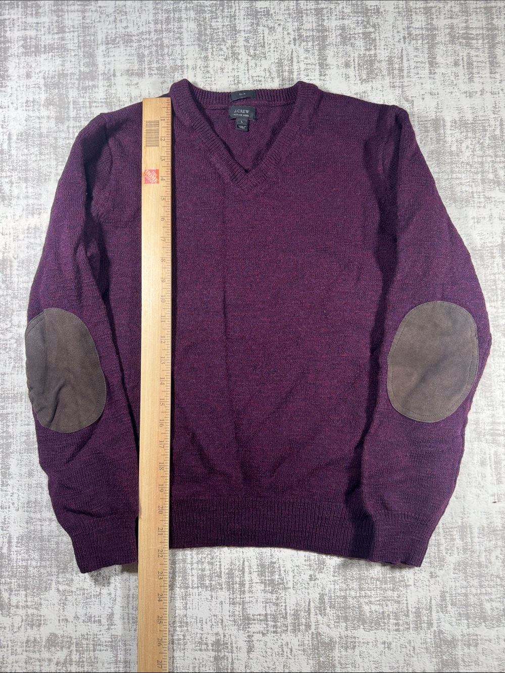 J. Crew Slim “MERINO WOOL” Elbow Patch V-Neck Sweater Maroon size L 22X19.5PTP - Picture 5 of 6